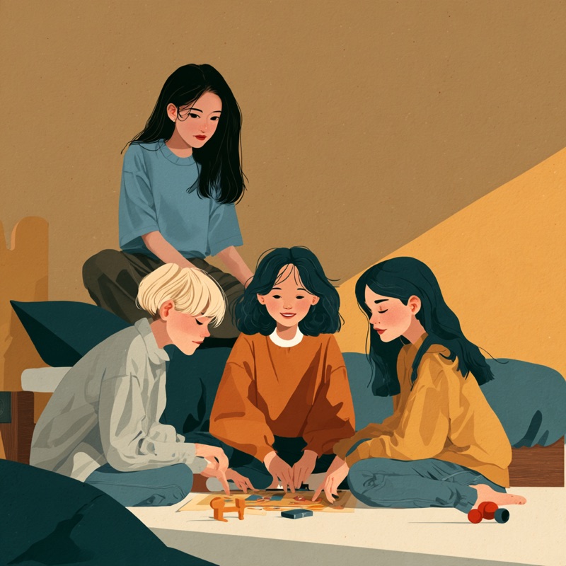 Une baby-sitter joue à un jeu de société avec trois enfants