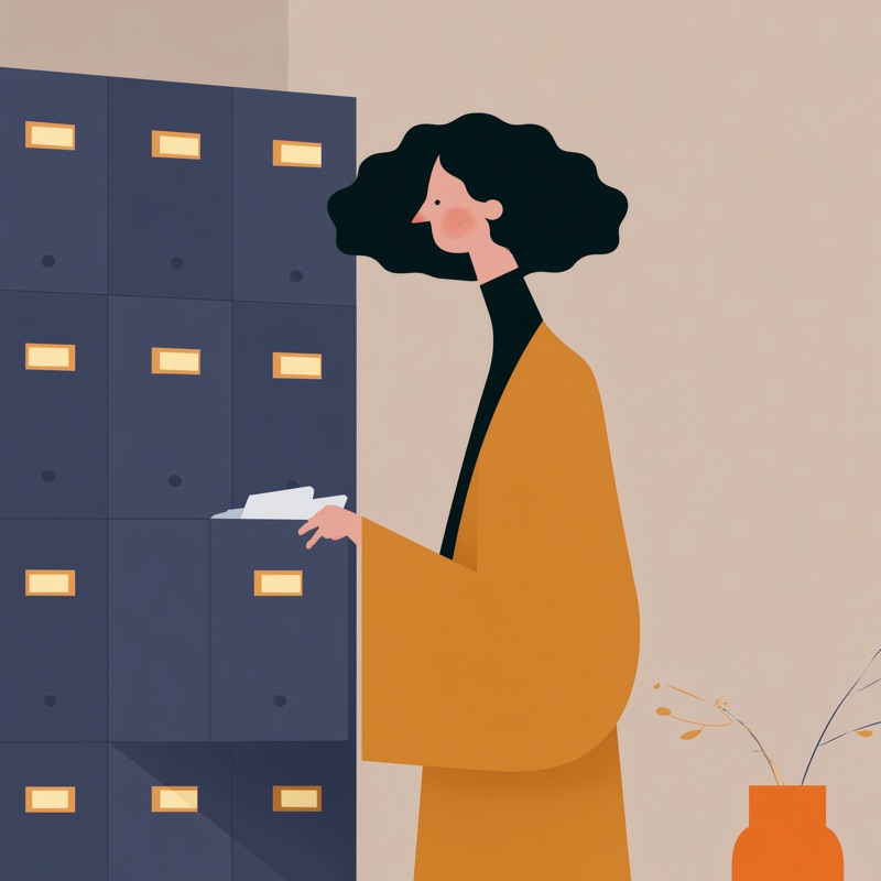 Une femme range un dossier dans un grand meuble de classement