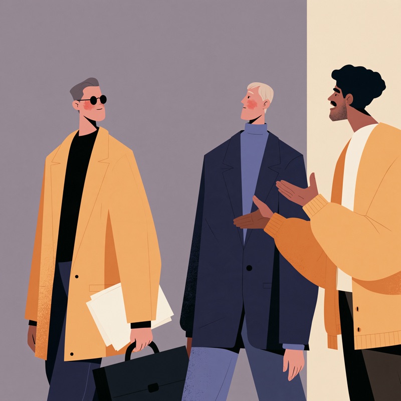 Trois hommes discutent, l'un tient des documents et une mallette