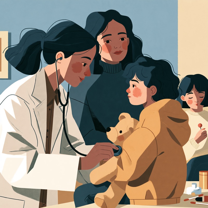 Une médecin ausculte un enfant qui serre son ours en peluche, sous le regard de sa mère