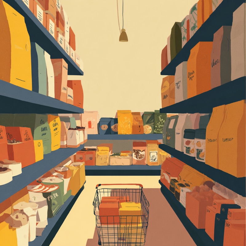 Un rayon de supermarché avec un panier de courses